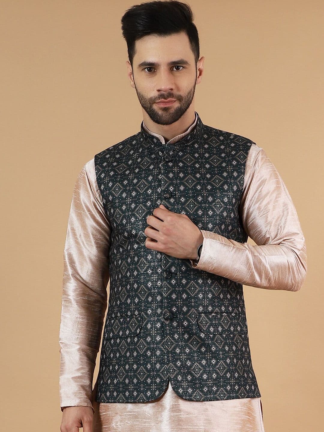 Wintage Printed Cotton Silk Nehru Jacket - view 1