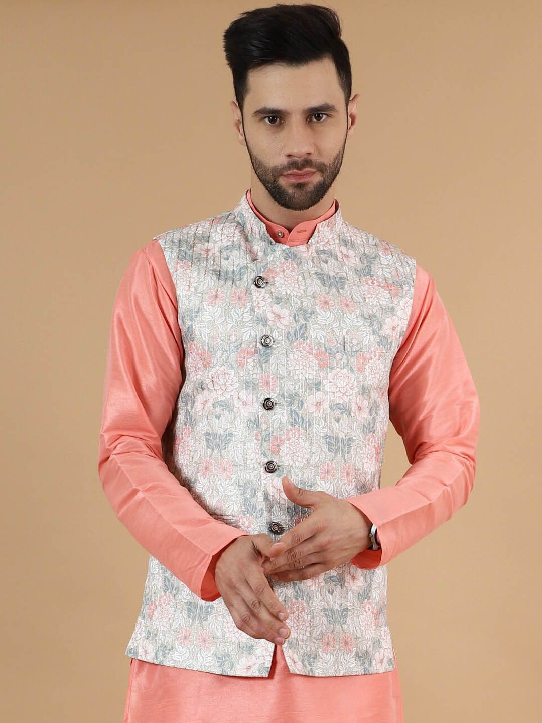 Wintage Printed Cotton Silk Nehru Jacket - view 1