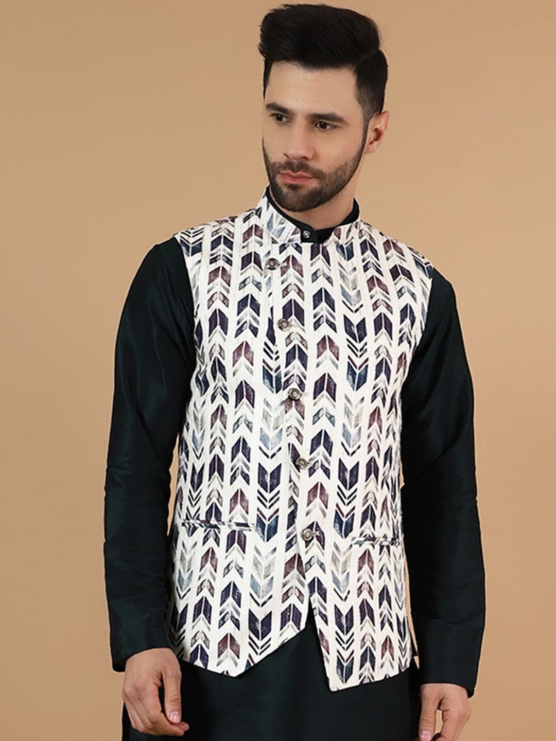 Wintage Printed Cotton Silk Nehru Jacket - view 1
