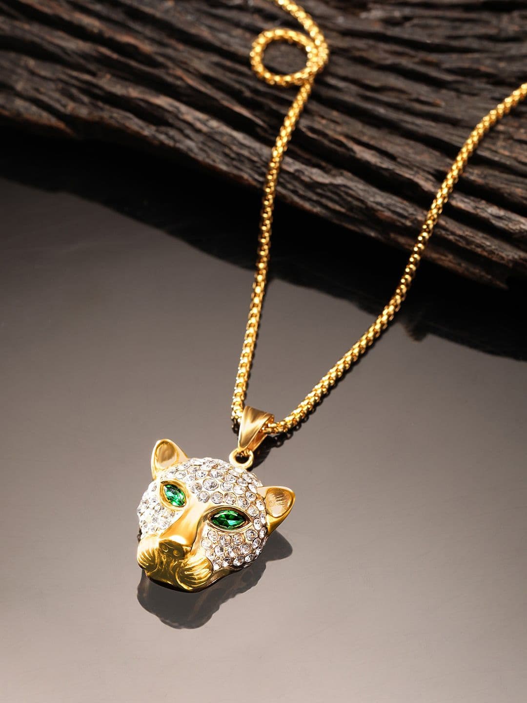 The Roadster Lifestyle Co. Men Gold Plated AD Studded Panther Pendant With Chain - view 1