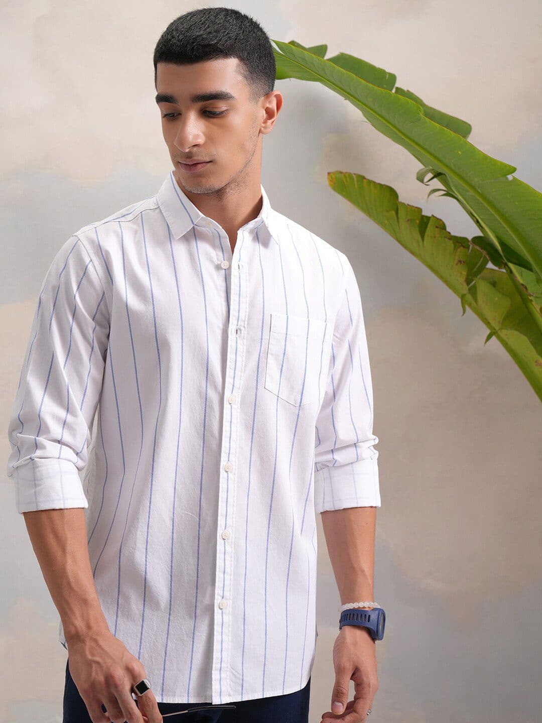 HIGHLANDER Classic White Slim Fit Vertical Striped Spread Collar Cotton Casual Shirt - view 1