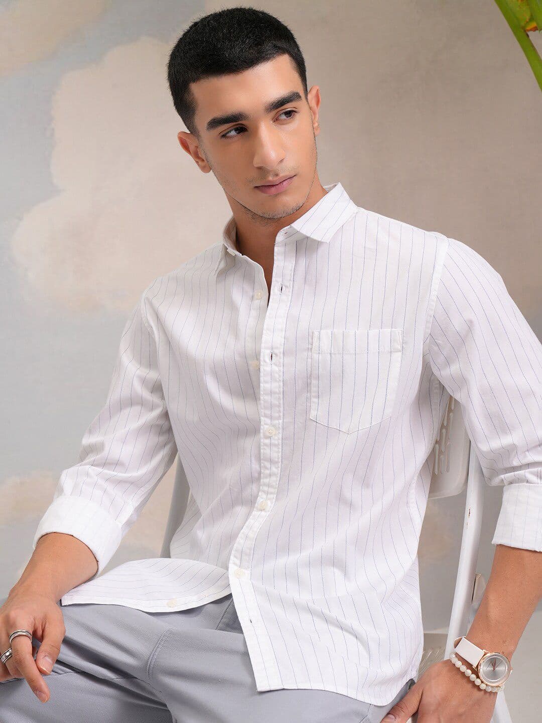 HIGHLANDER Classic White Slim Fit Vertical Striped Spread Collar Cotton Casual Shirt - view 1