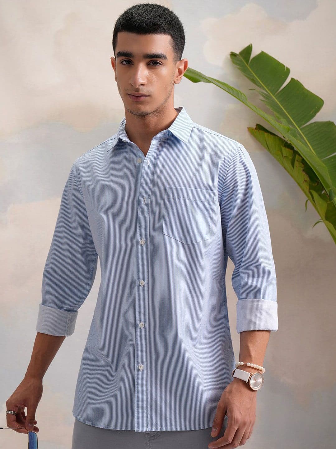 HIGHLANDER Blue Classic Slim Fit Vertical Striped Spread Collar Cotton Casual Shirt - view 1