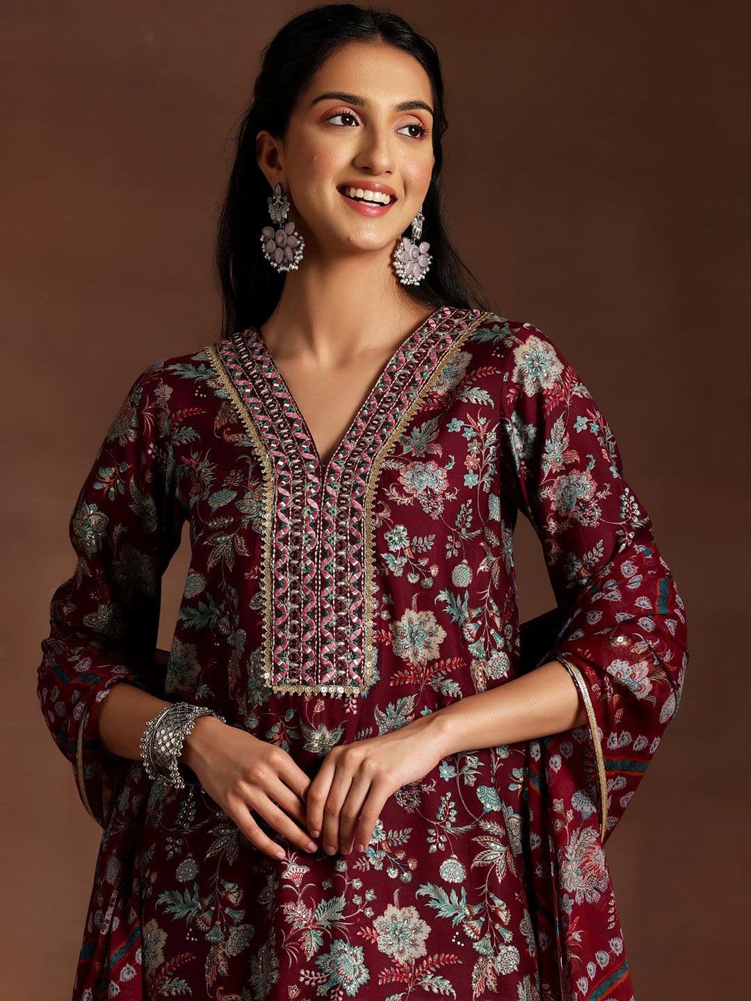 Libas Burgundy Floral Printed V-Neck Sequinned Straight Kurti With Dhoti Pants & Dupatta - view 1