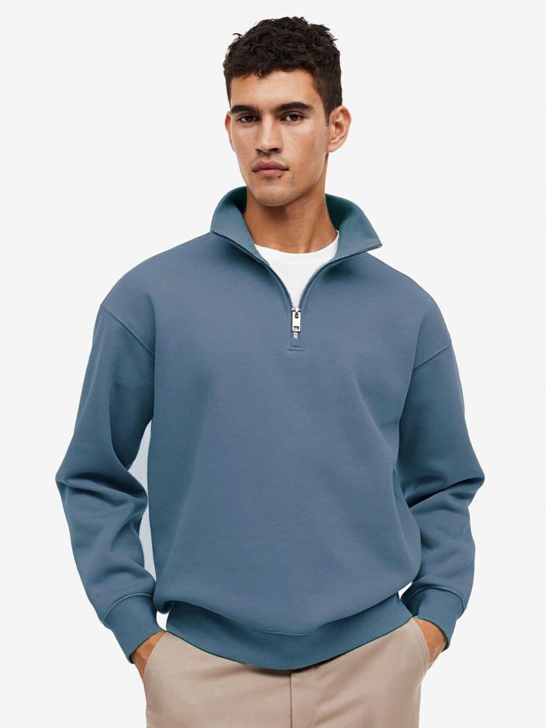 MISCHIEF MONKEY Mock Collar Ribbed Half Zipper Cotton Fleece Pullover Sweatshirt - view 1