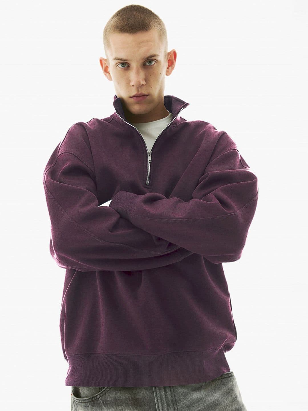 MISCHIEF MONKEY Mock Collar Ribbed Half Zipper Cotton Fleece Pullover Sweatshirt - view 1