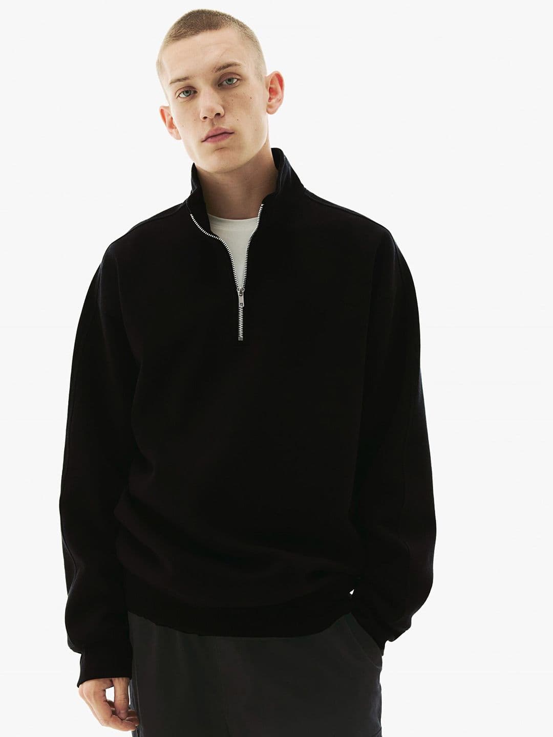 MISCHIEF MONKEY Mock Collar Ribbed Half Zipper Cotton Fleece Pullover Sweatshirt - view 1