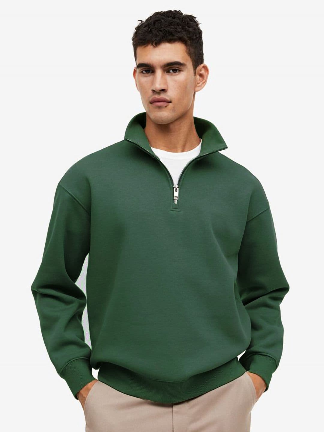 MISCHIEF MONKEY Mock Collar Ribbed Half Zipper Cotton Fleece Pullover Sweatshirt - view 1