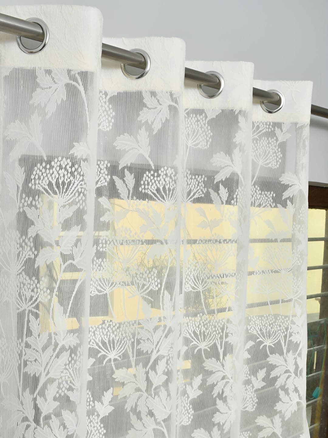 RIDHAAN Cream & White 2 Pieces Floral Sheer Long Door Curtains - view 1