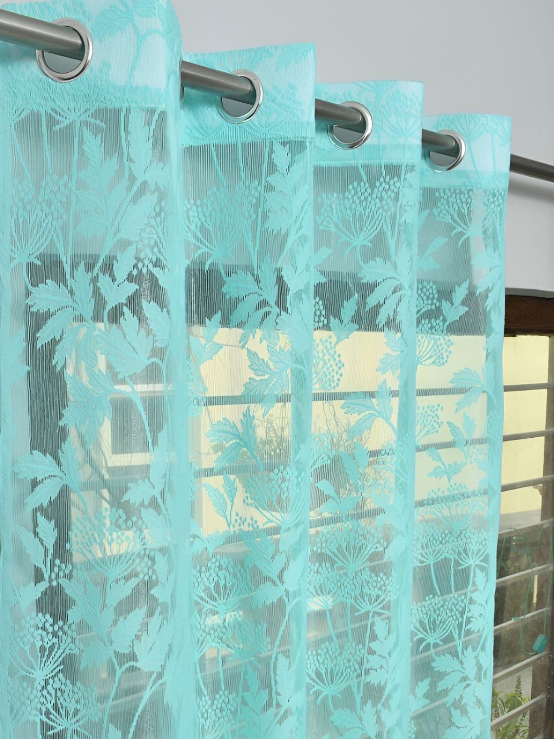 RIDHAAN Turquoise Blue 2 Pieces Floral Sheer Long Door Curtains - view 1