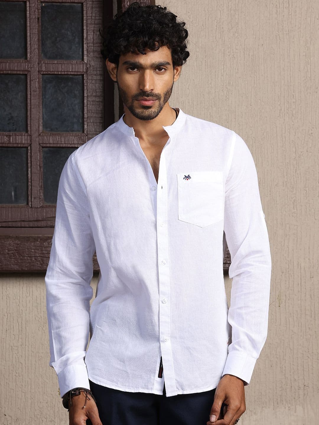 Thomas Scott Mandarin Collar Long Sleeves Premium Cotton Linen Slim Fit Casual Shirt - view 1