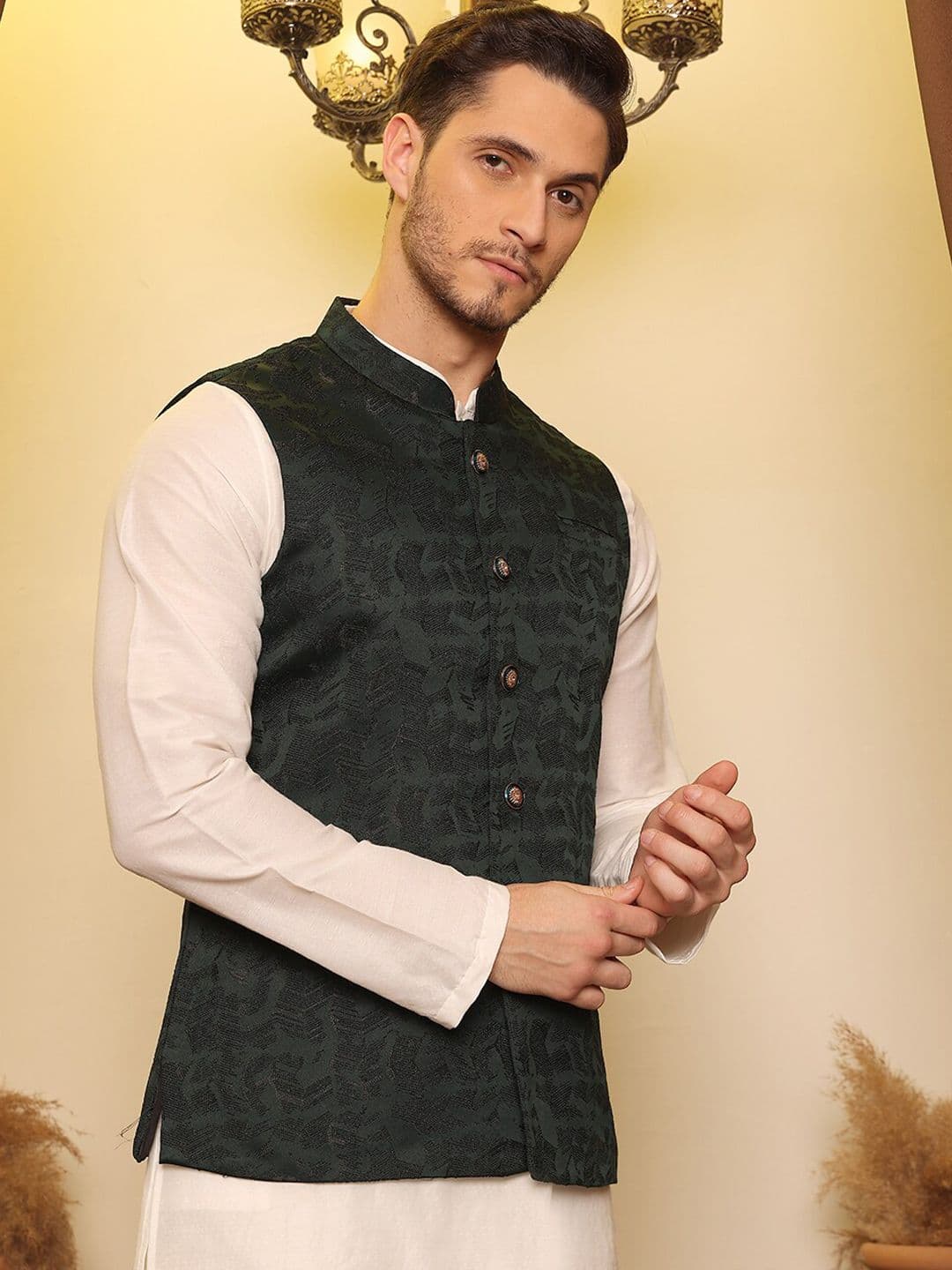 House of Pataudi Jacquard Woven Design Nehru Jacket - view 1