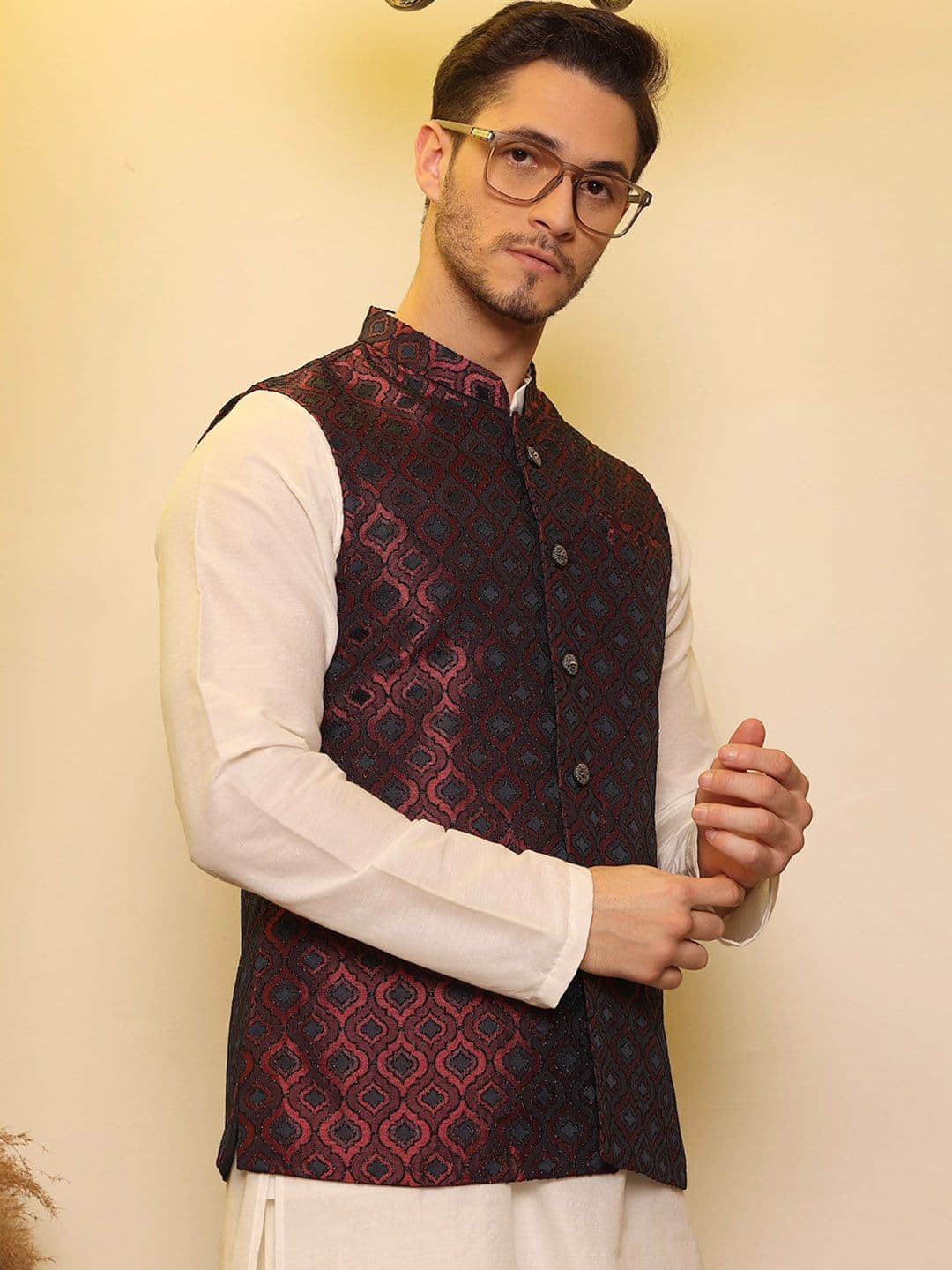 House of Pataudi Jacquard Woven Design Nehru Jacket - view 1