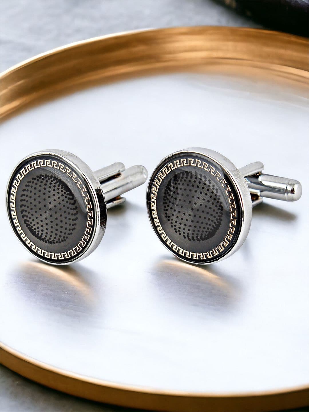 LUCKY JEWELLERY Silver Plated Textured Round Blazer Cufflinks - view 1