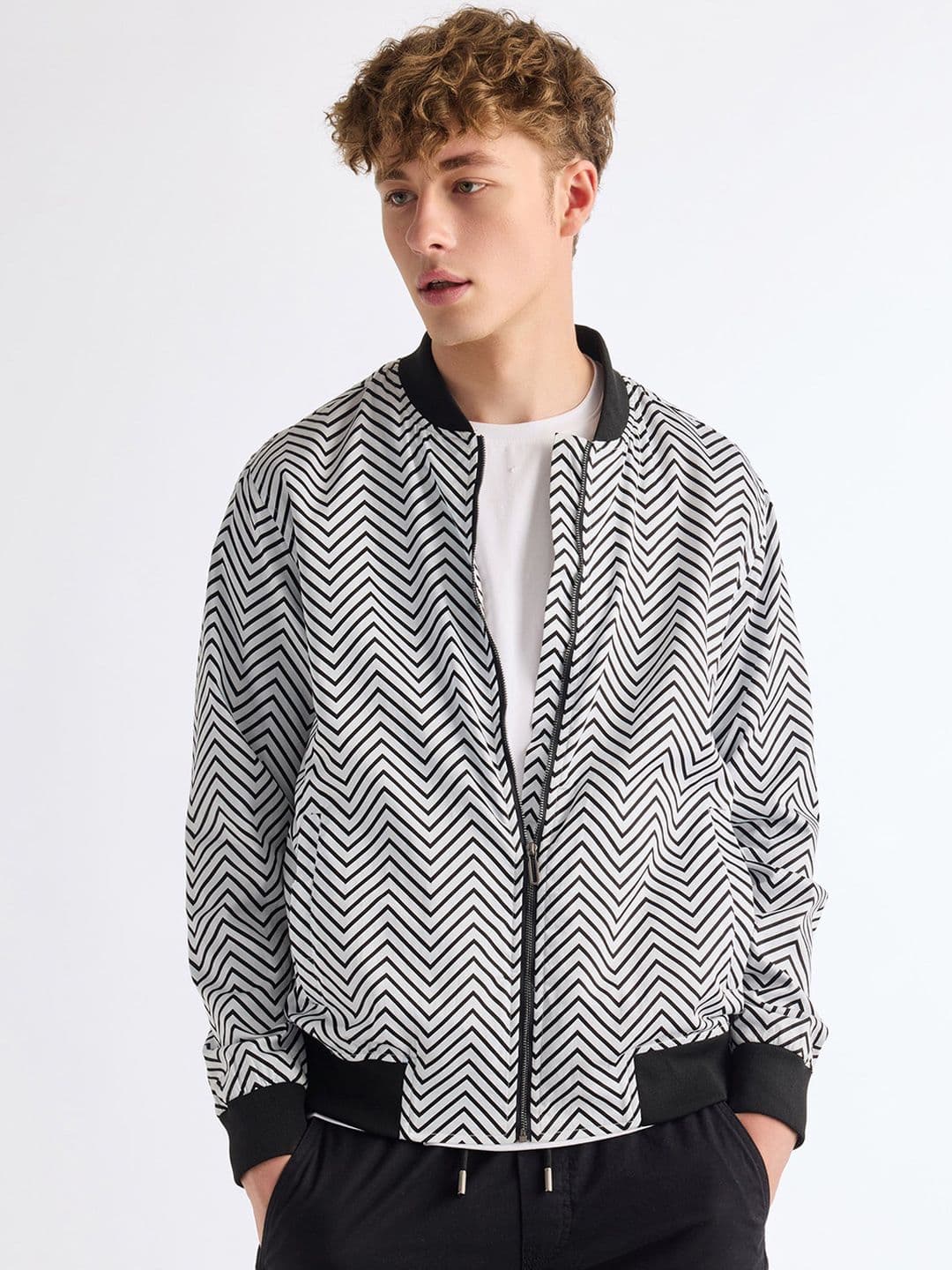 Red Flame Geometric Printed Stand Collar Bomber Jacket - view 1