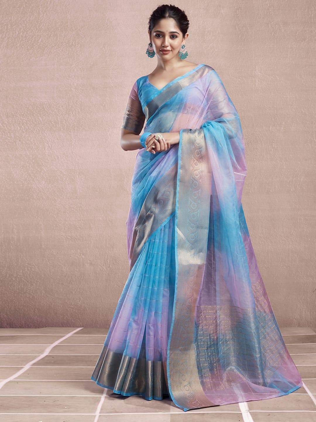 KALINI Ombre Printed Zari Organza Dabu Saree - view 1