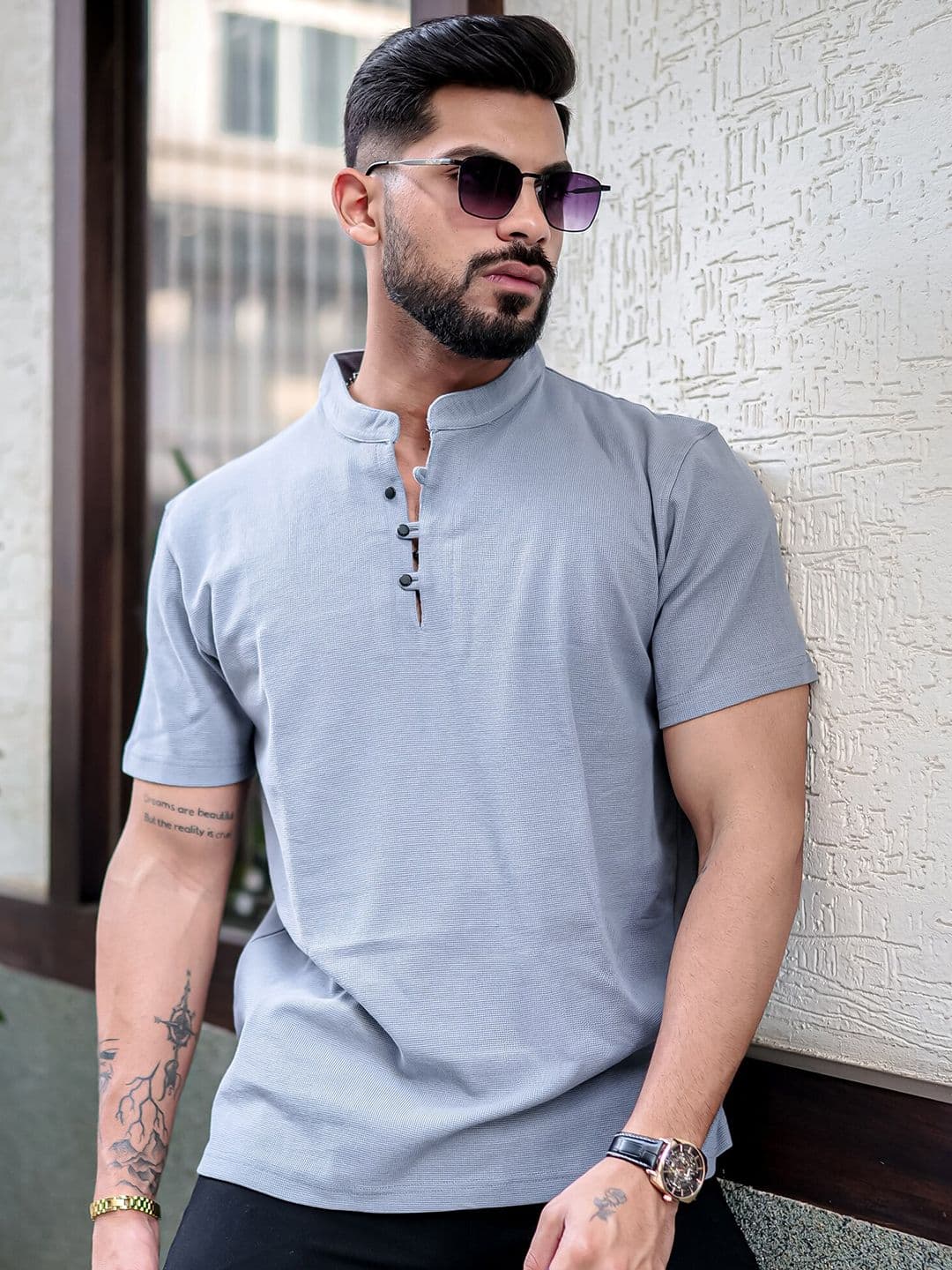 Maniac Henley Neck Cotton Slim Fit T-shirt - view 1