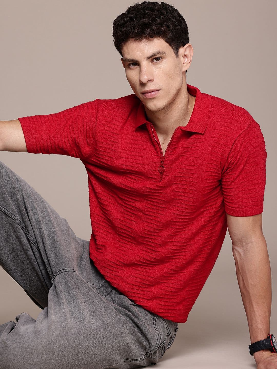 Roadster Men Self Design Polo Collar T-shirt - view 1