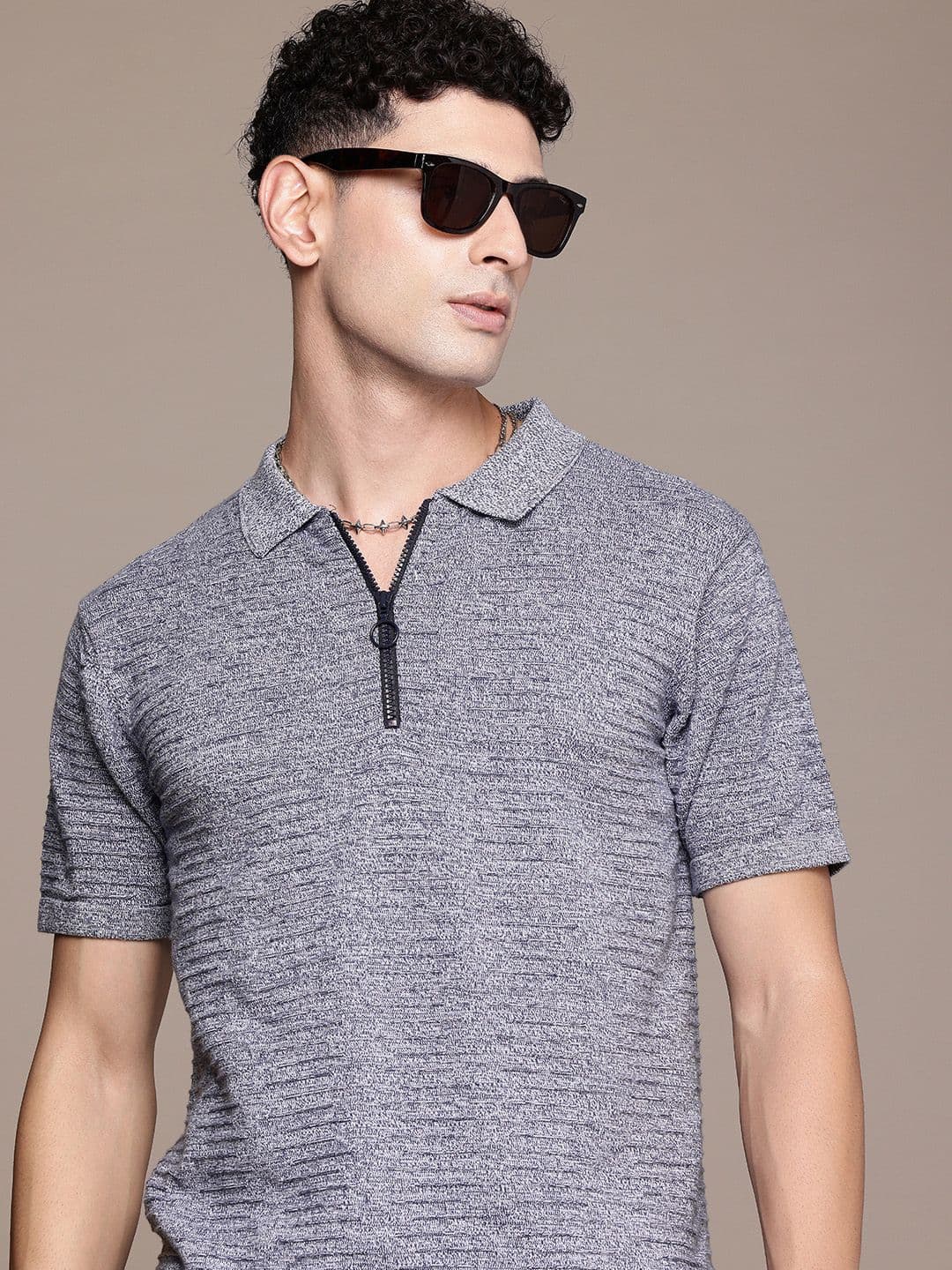 Roadster Men Self Design Polo Collar T-shirt - view 1