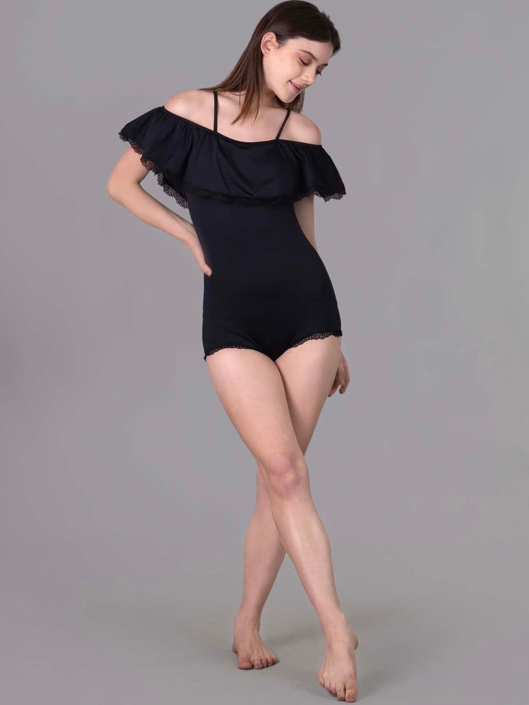 Keepfit Off Shoulder Ruffled Black Padded Bodysuit for Women - view 1
