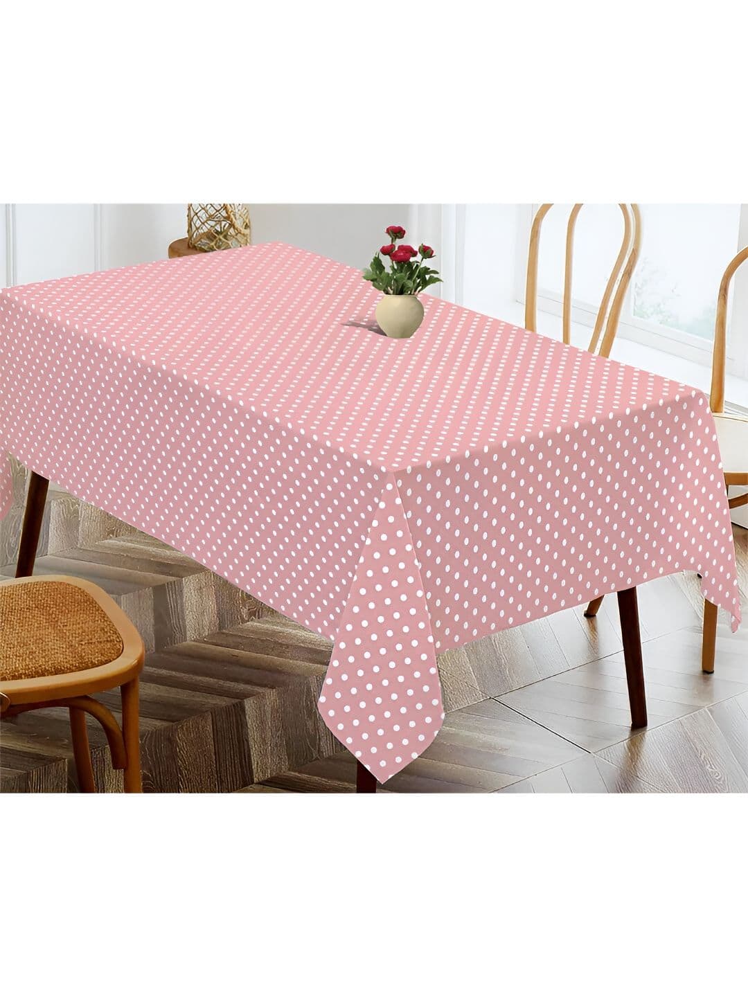 OASIS Pink & White Polka Dot Printed Cotton Rectangular Shaped 4 Seater Table Cover - view 1