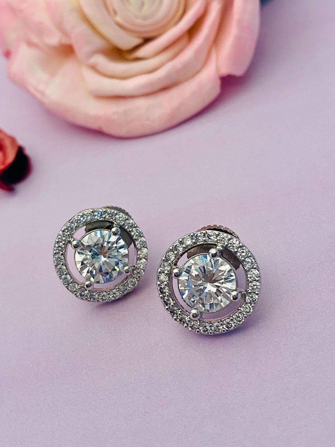 Anouk Silver-Toned Silver-Plated American Diamond Geometric Stud Earrings - view 1