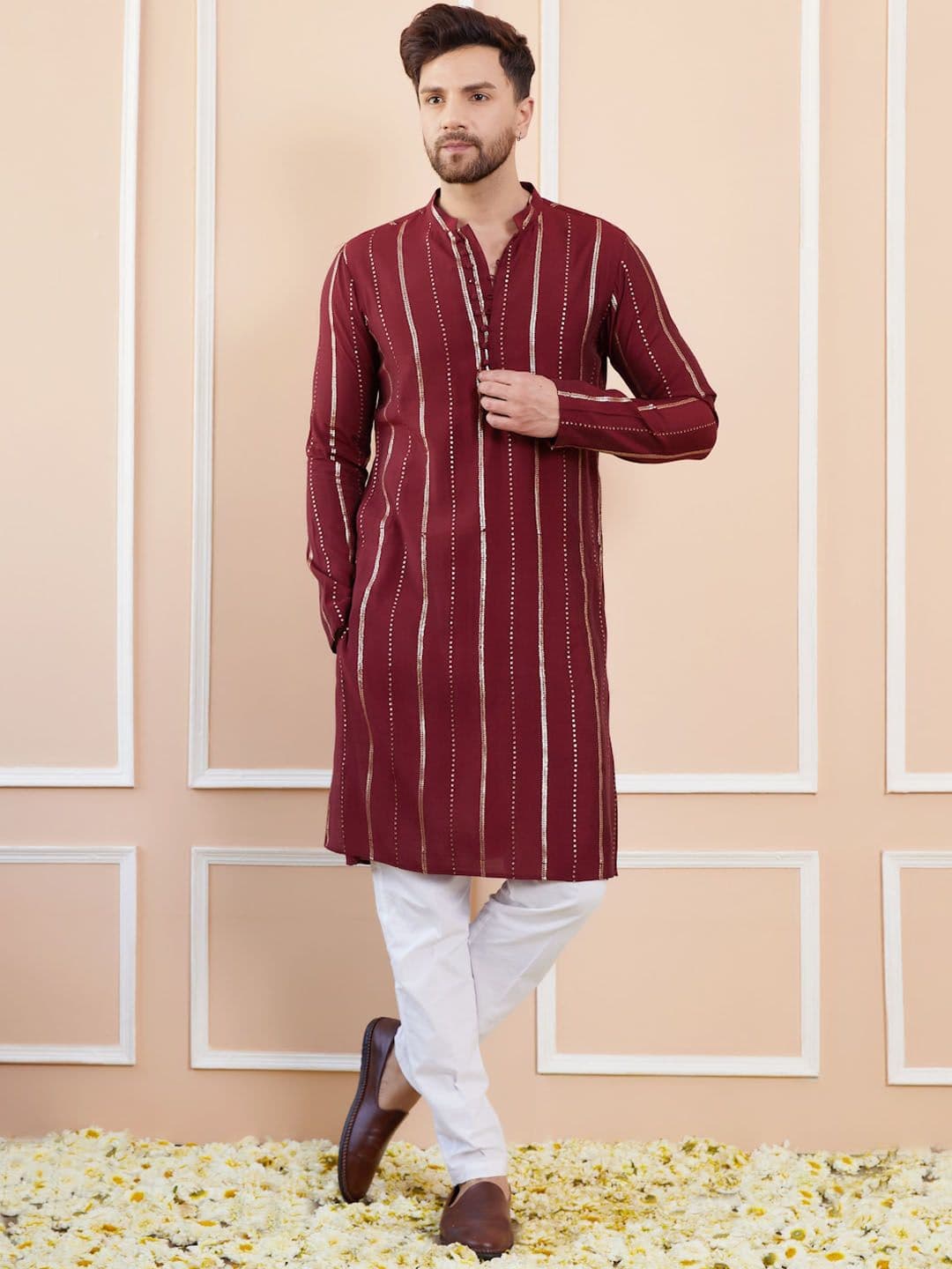 See Designs Mandarin Collar Striped Thread Work Chanderi Silk Straight Kurta - view 1