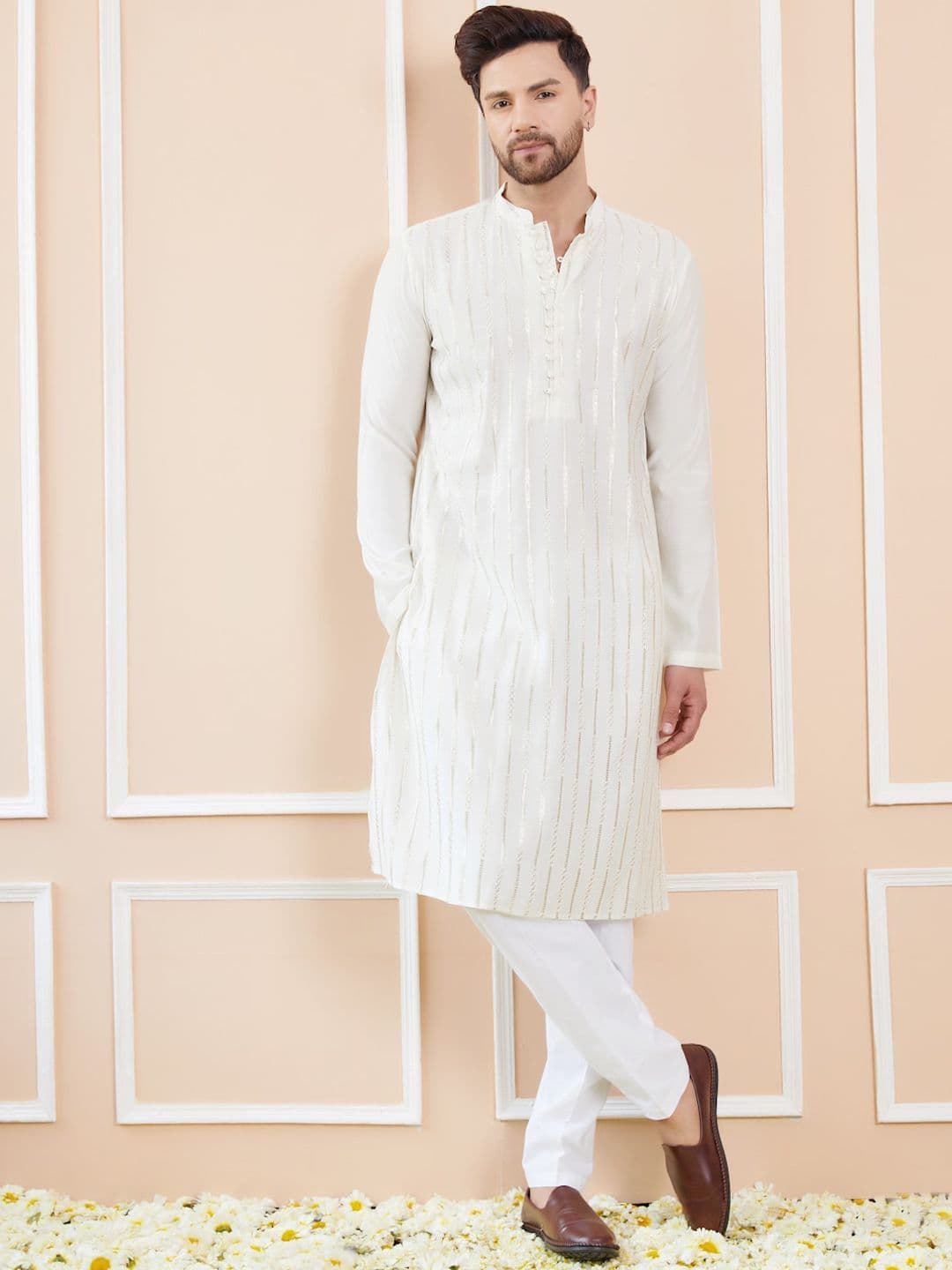 See Designs Mandarin Collar Striped Thread Work Chanderi Silk Straight Kurta - view 1