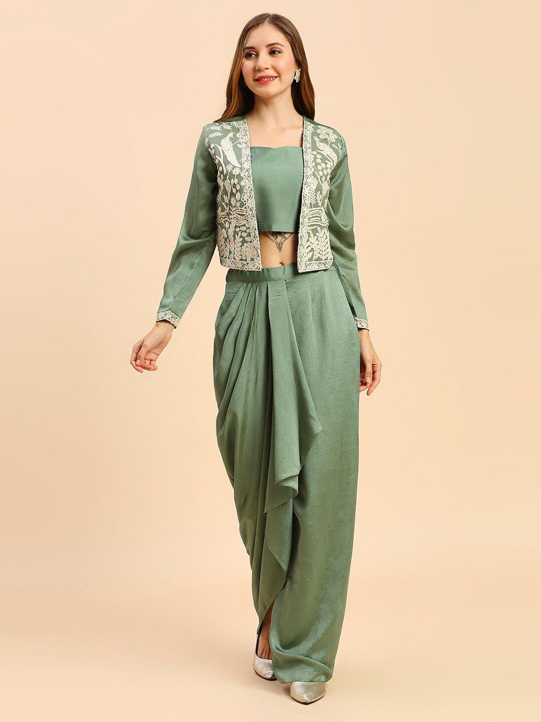MADHURAM Square Neck Ready To Wear Silk Lehenga & Choli With Shrug - view 1