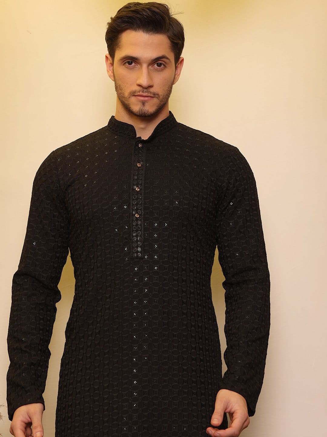 House of Pataudi Ethnic Motifs Embroidered Mandarin Collar Sequinned Straight Kurta - view 1
