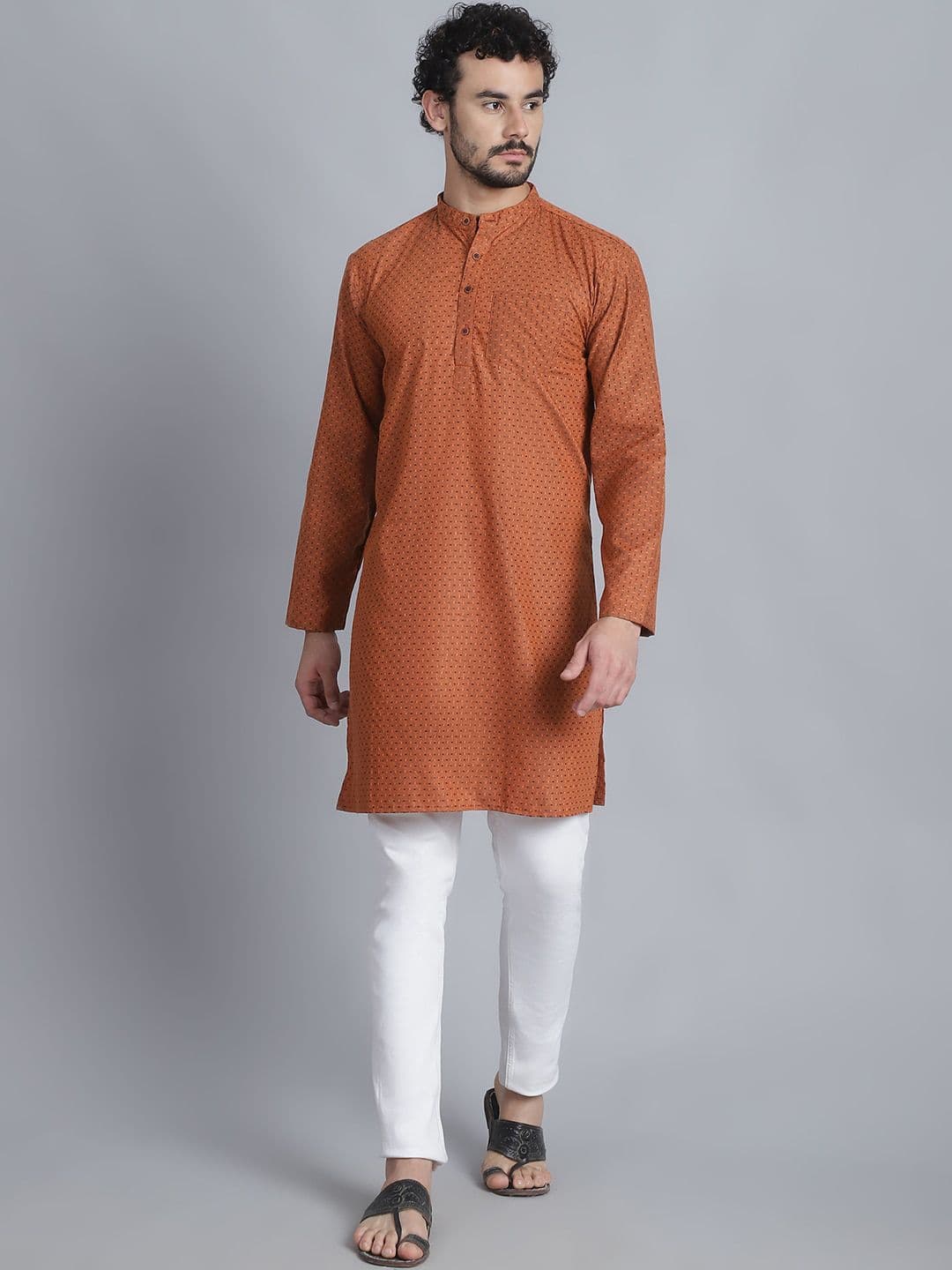 Aarsha Geometric Woven Design Mandarin Collar Long Sleeves Cotton Straight Kurta - view 1