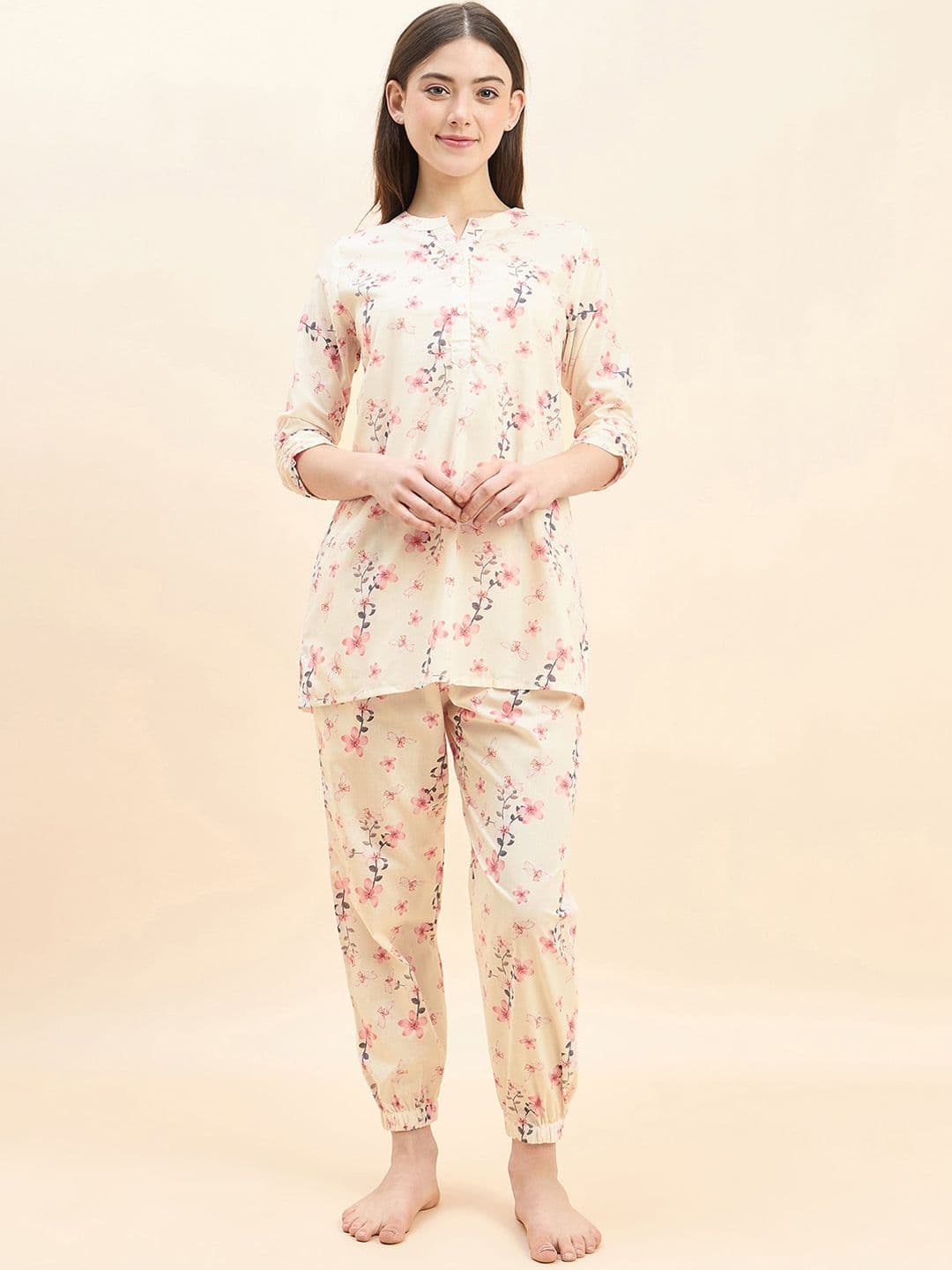 Sweet Dreams Pink Floral Printed Pue Cotton Kurti With Pyjamas - view 1