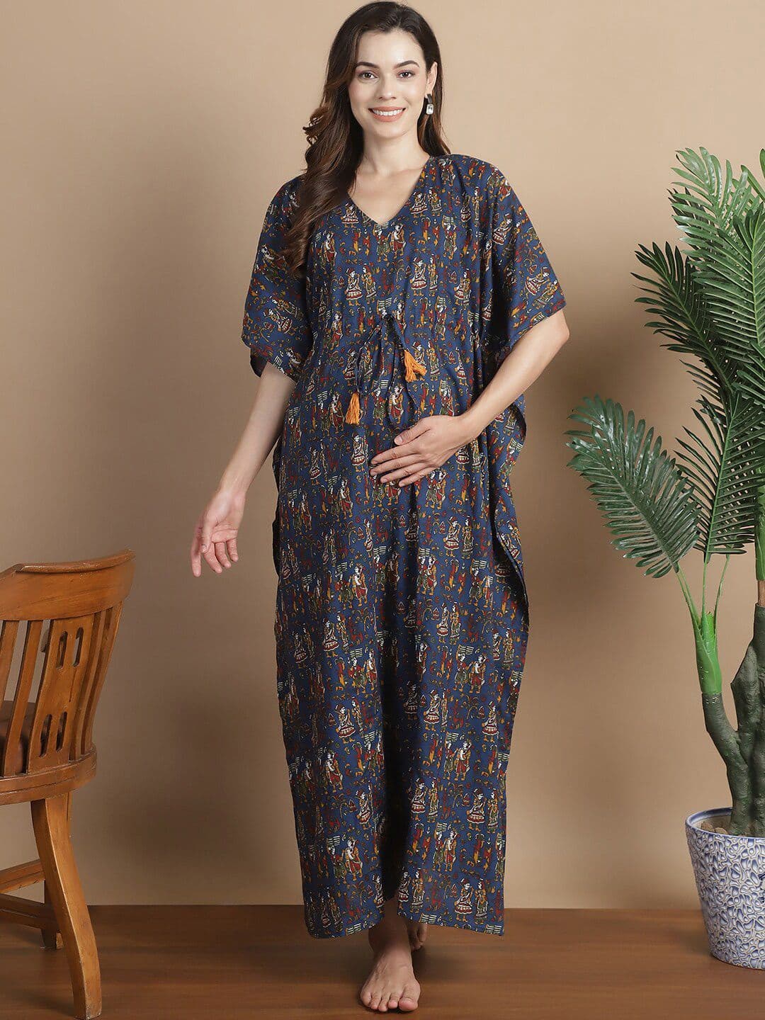 Secret Wish Floral Printed V-Neck Pure Cotton Maxi Maternity Kaftan Nightdress - view 1
