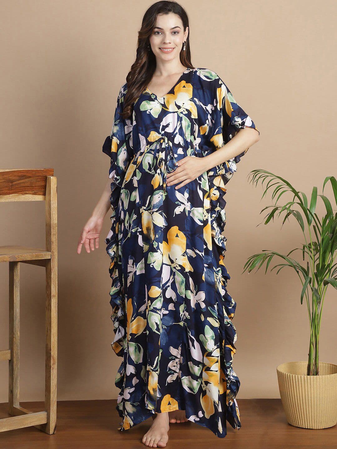 Secret Wish Floral Printed V-Neck Maxi Maternity Kaftan Nightdress - view 1