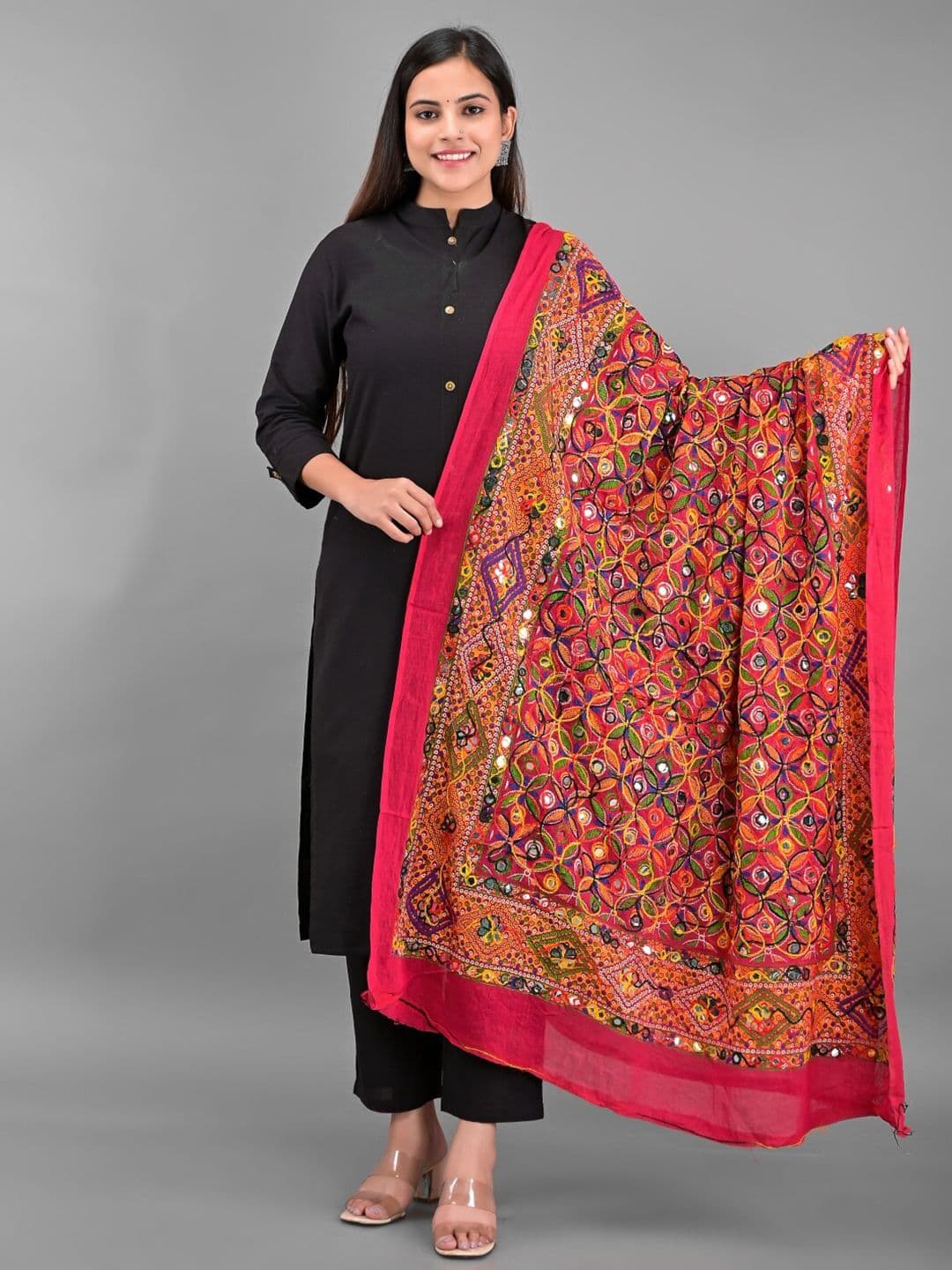 Apratim Ethnic Motifs Kutch Embroidered Dupatta with Mirror Work - view 1