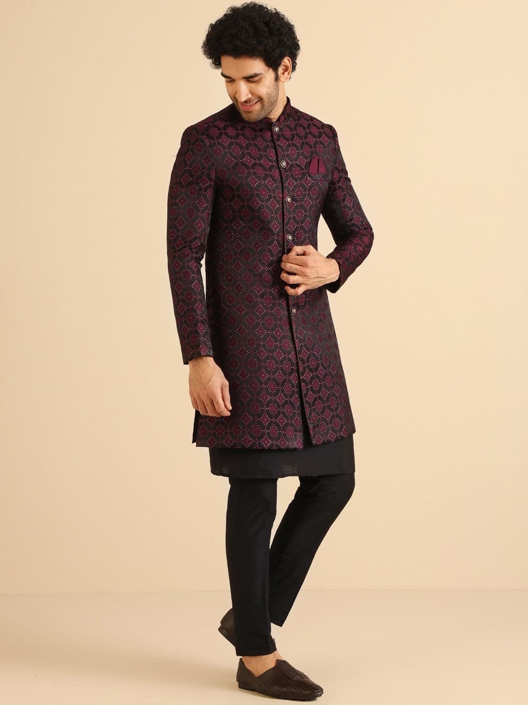 KISAH Men Self Design Indowestern Sherwani Set - view 1
