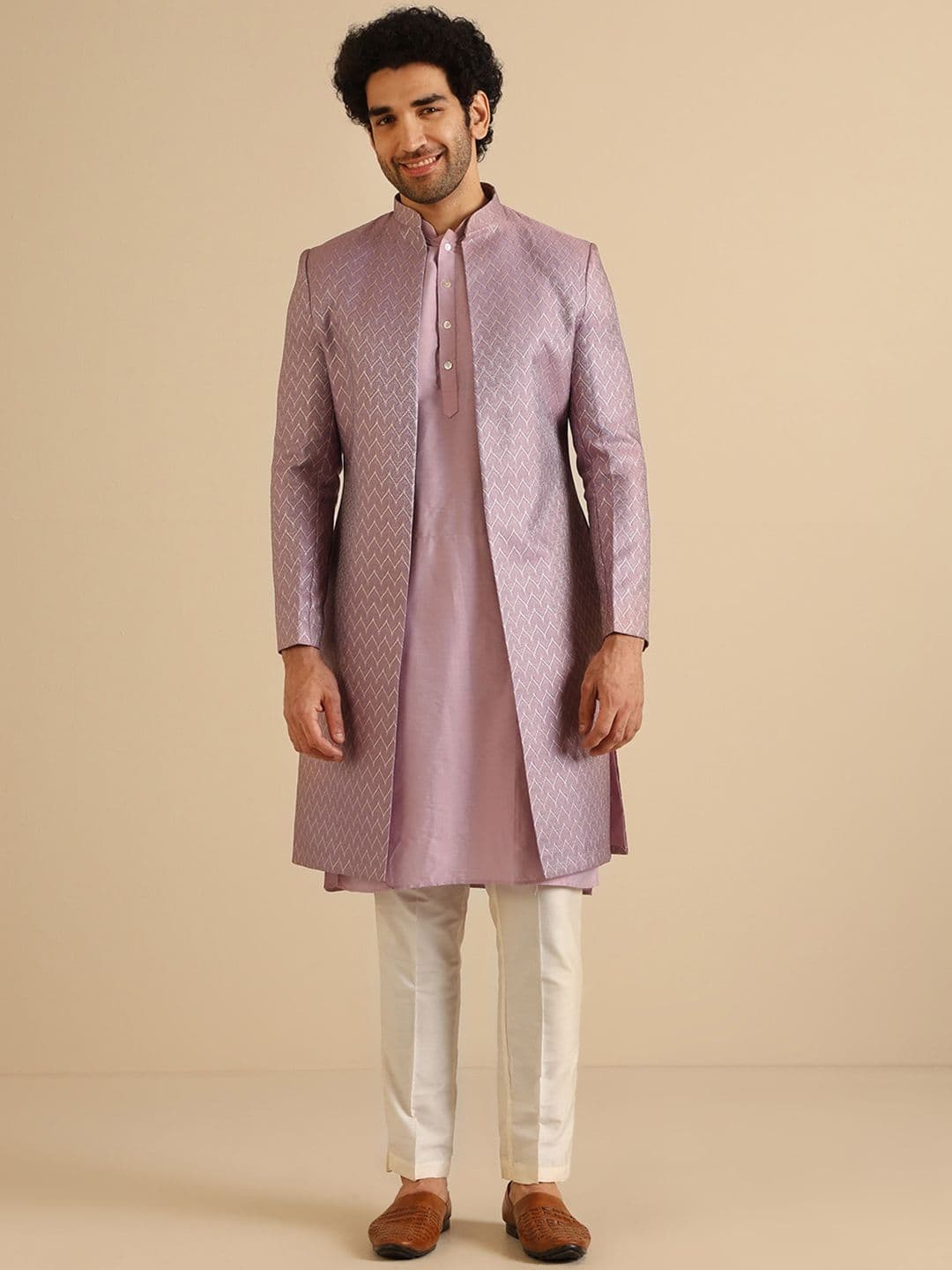 KISAH Men Self-Design Mandarin Collar Indowestern Sherwani Set - view 1