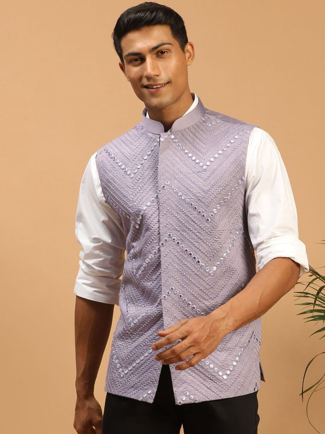 VASTRAMAY Mirror Work Woven Nehru Jacket - view 1