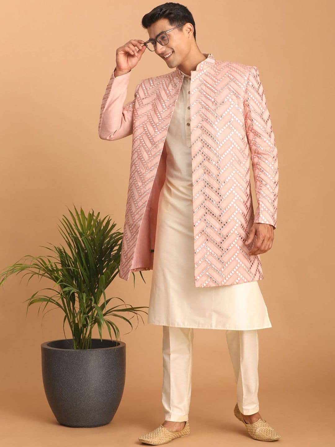 VASTRAMAY Slim-Fit Embroidered Mirror Work Sherwani Set - view 1