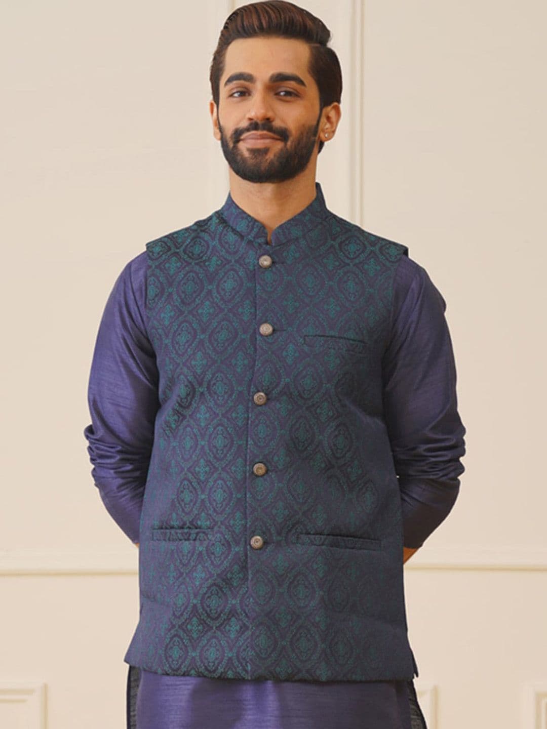 Jompers Printed Woven Design Mandarin Collar Sleeveless Nehru Jacket - view 1