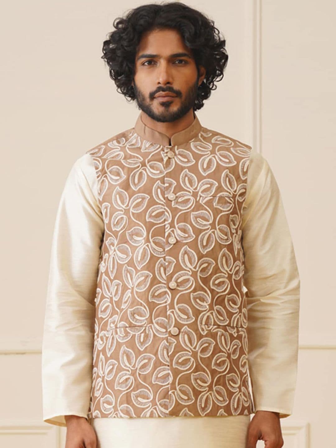 Jompers Floral Embroidered Mandarin Collar Sleeveless Woven Nehru Jacket - view 1