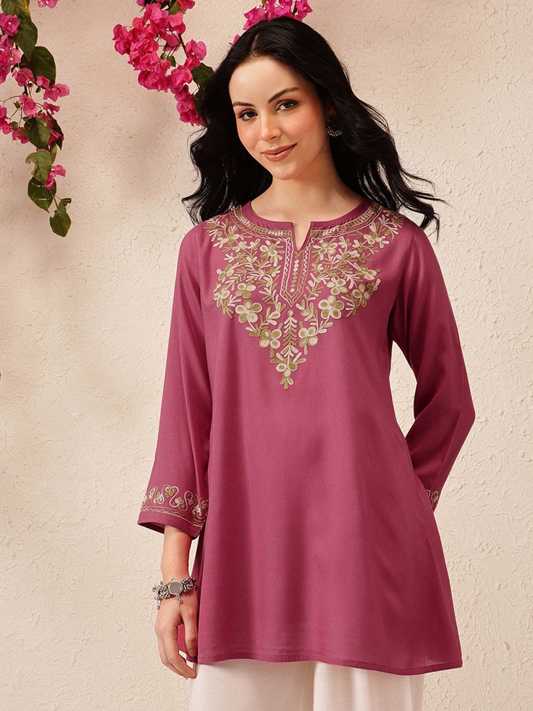 QAZMI Women Naila Kashmiri Floral Embroided Viscose Rayon Full Sleeves A-Line Kurti - view 1