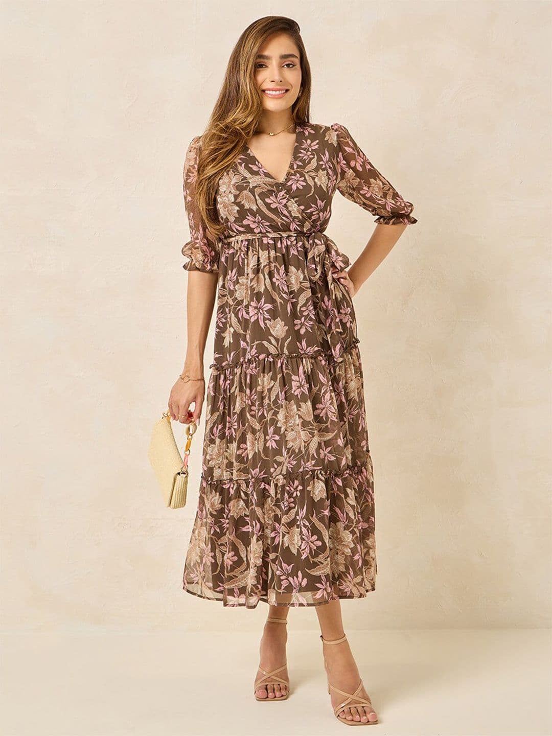 Styli Ethnic Motifs Print Three-Quarter Sleeves V-Neck Empire Maxi Dress - view 1