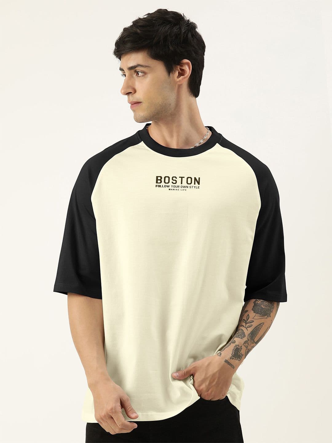 Maniac Colourblocked Raglan Sleeves Cotton Oversized T-shirt - view 1