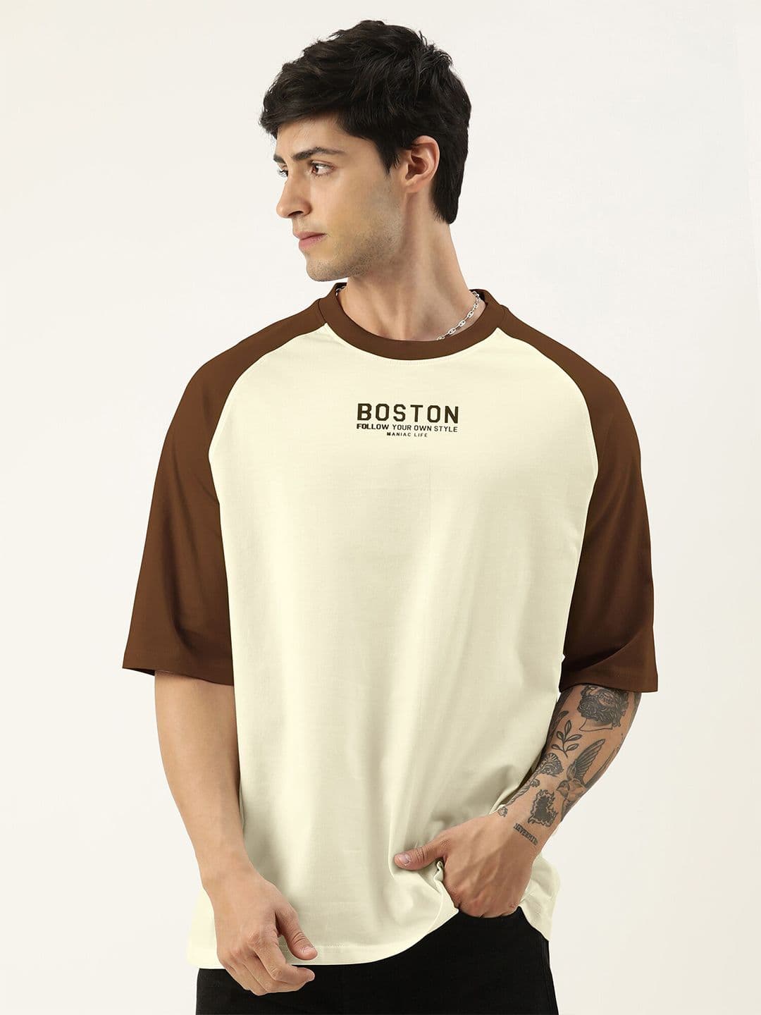 Maniac Colourblocked Raglan Sleeves Cotton Oversized T-shirt - view 1