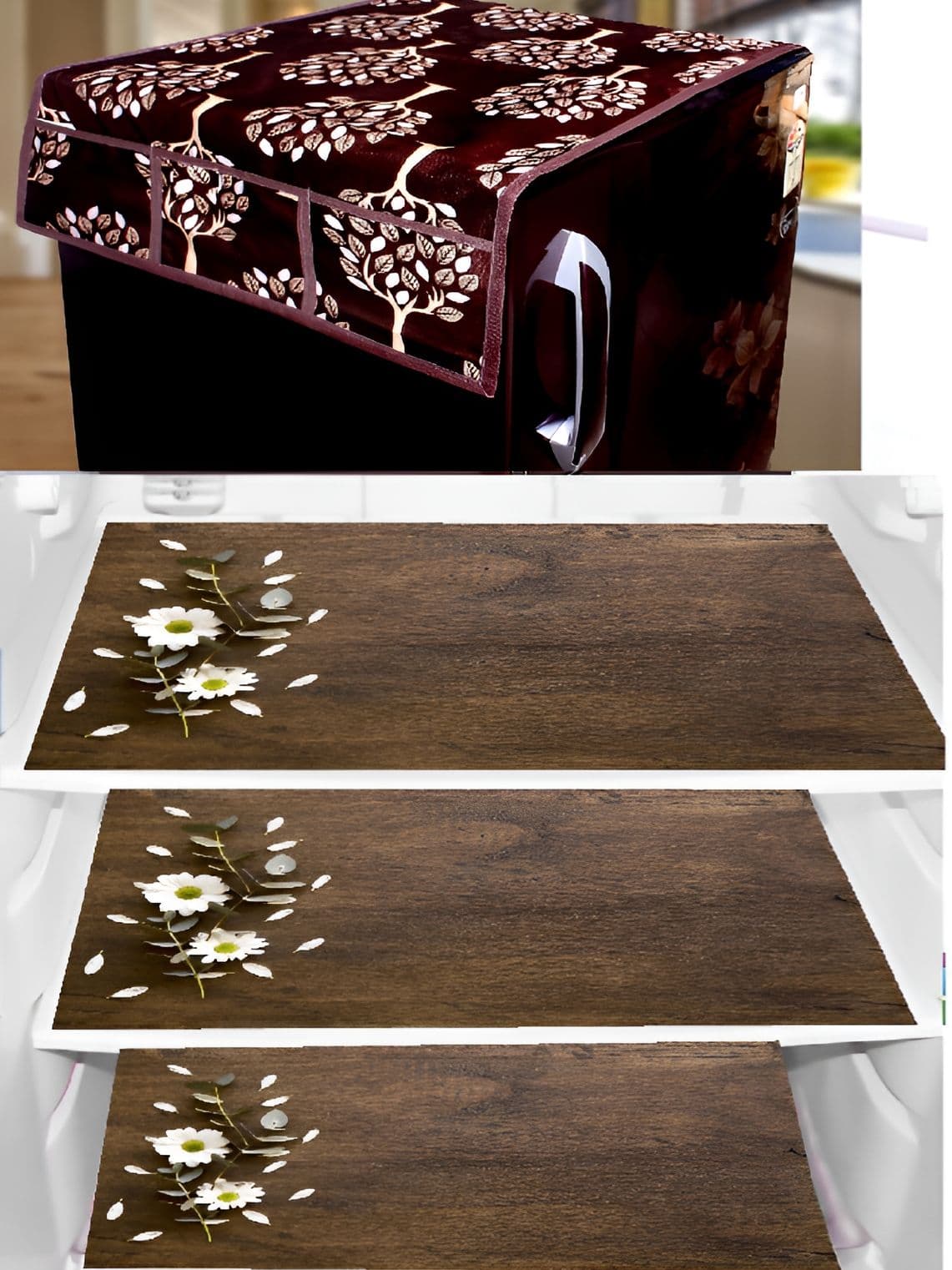 REVEXO Brown & Maroon 4 Pcs Printed Fridge Top Cover & Mats - view 1