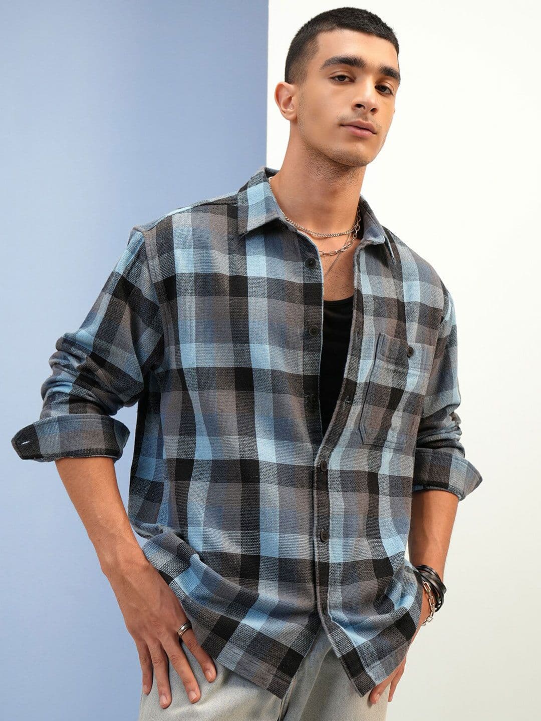 Highlander Men Oversized Textured Dobby Checked Overshirt - view 1