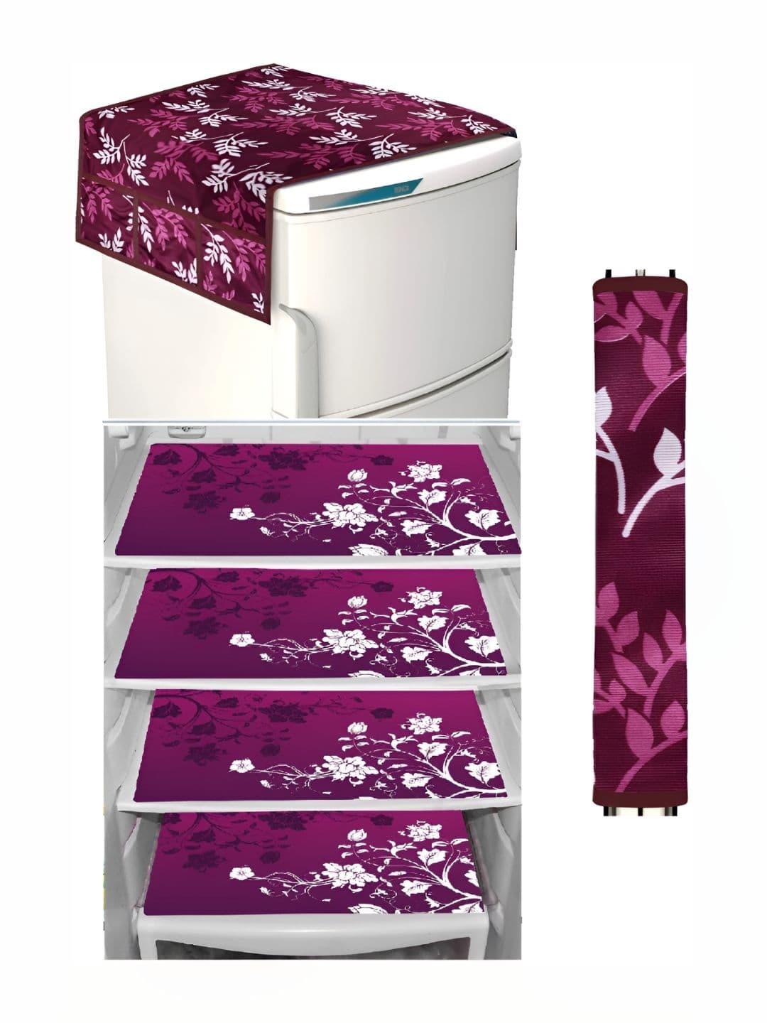 REVEXO Burgundy & White 5 Pieces Printed Fridge Top Cover Handle Covers & Mats - view 1