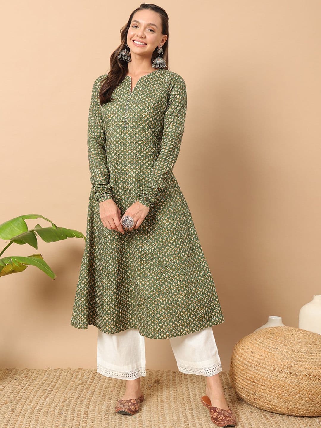 FIORRA Floral Printed Notch Collar Thread Work Cotton A-Line Kurta - view 1