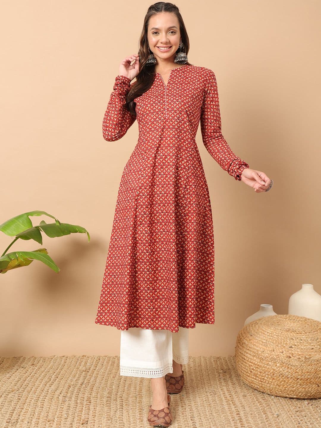 FIORRA Floral Printed Notch Collar Thread Work Cotton A-Line Kurta - view 1